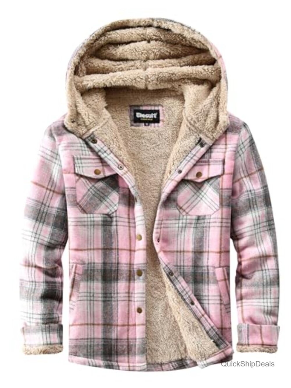 Women's Fleece Lined Plaid Sherpa Button Down Hooded Jacket